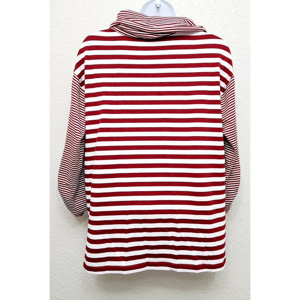 Ruby Rd. Red White Stripe Cowl Neck Long Roll Tab Sleeve Top PS Lightweight Soft - Picture 3 of 4